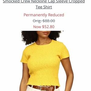 Michael Kors Yellow Smocked Crew Neck Cap Sleeve Cropped Tee
